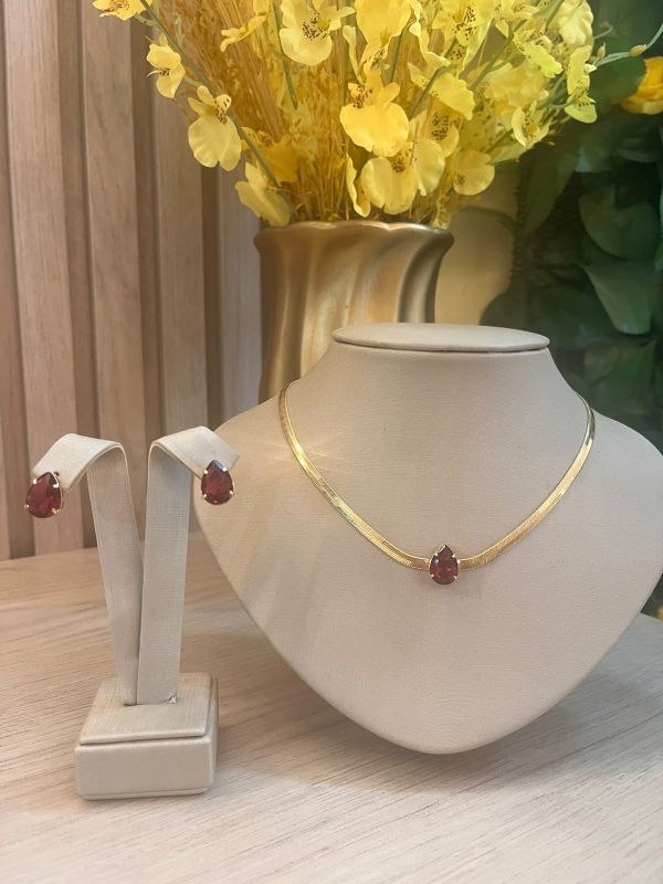 CONJUNTO COLAR BRINCO  FITA COM GOTA