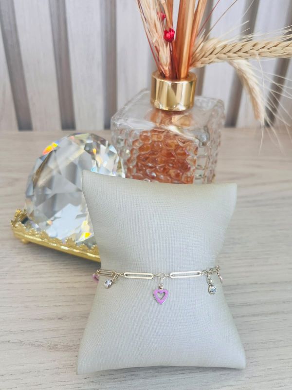 PULSEIRA ELOS FINOS CORAÇÕES ROSA NO DOURADO