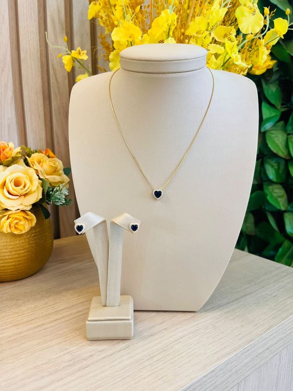 CONJUNTO BRINCO COLAR CORAÇÃO AZUL