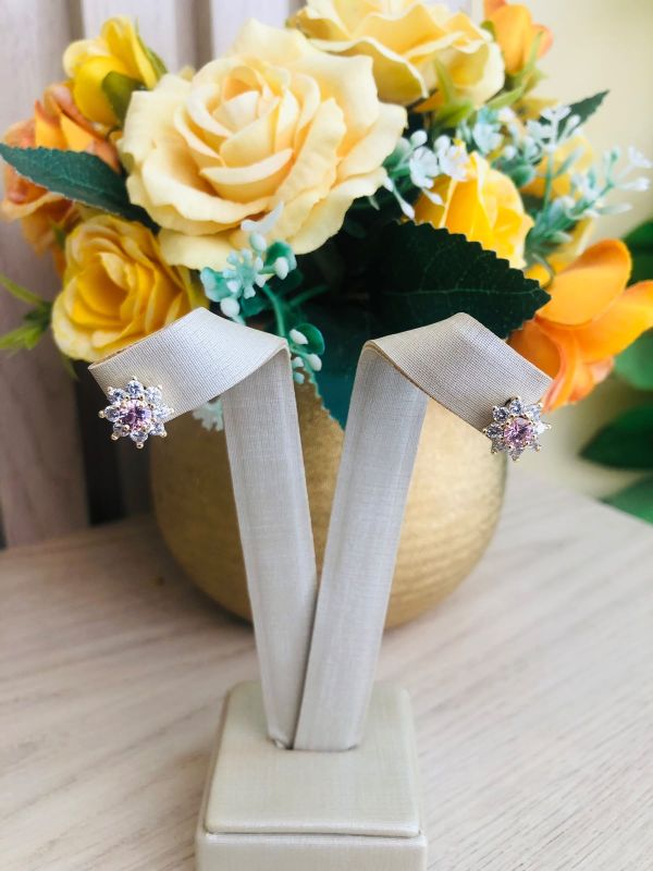 BRINCO FLOR ROSA PEDRA DE ZIRCONIA