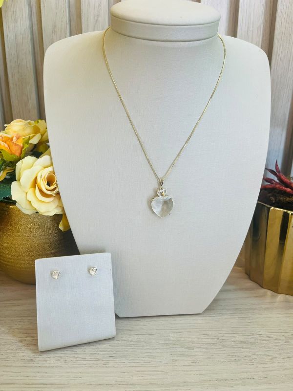 CONJUNTO COLAR BRINCO CORAÇÃO PEDRA TRANSPARENTE