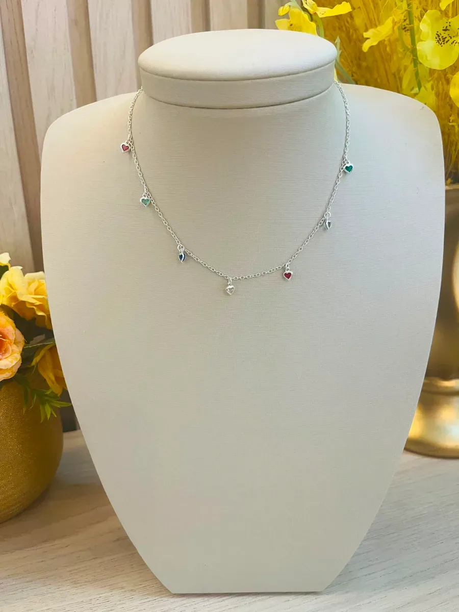 CHOKER PRATA CORAÇÕES COLORIDOS